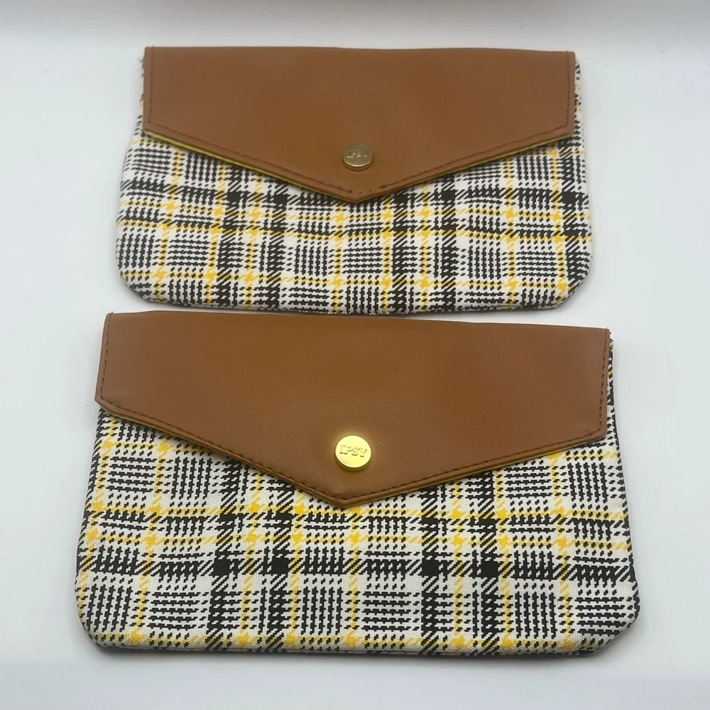 2 Ipsy Cosmetic Pouches in Brown and Yellow Plaid
